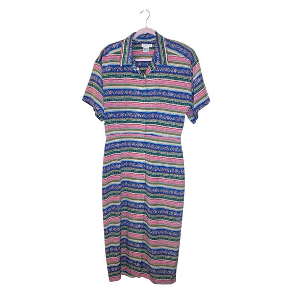 Vintage Talbots 100% Silk Button Up Dress Pink Blue Striped Floral sz 8 Bohemian - Picture 6 of 10